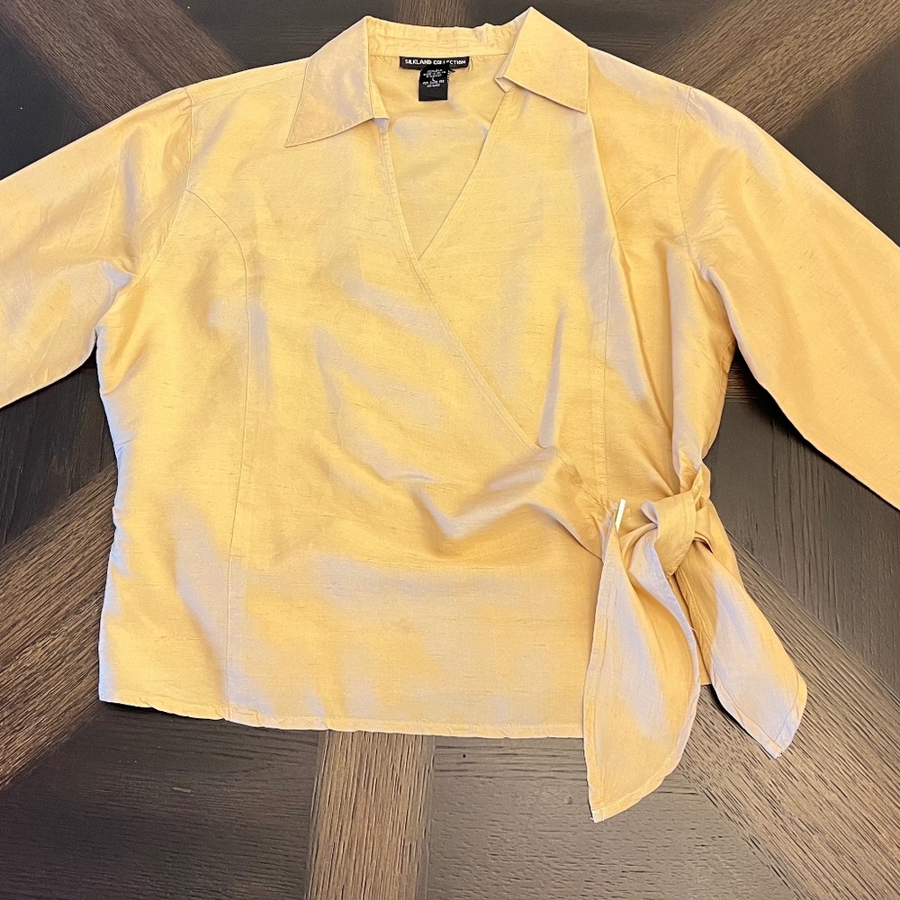 SilkLand Collection 100% Silk Wrap Top L Beige Long Sleeve Women's Blouse